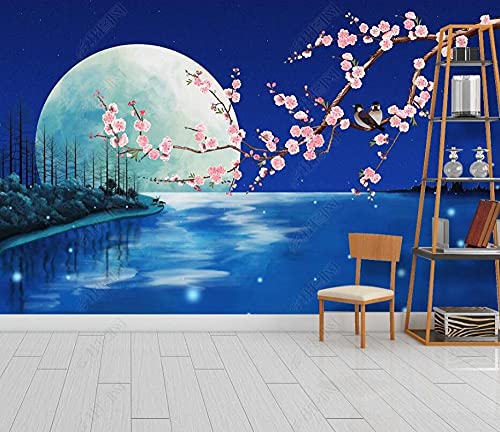 Tapeten Fototapete 3d Effekt Blau Mondlicht Blume Vogel Pflaume Blüte Wandbilder Tapete Wandtapete für Schlafzimmer Wohnzimmer Sofa Tv Hintergrund Wanddekoration,300x210cm von QEETapete