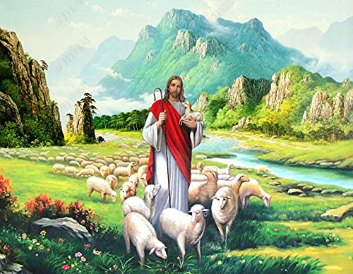 Tapeten Fototapete 3d Effekt Christus Jesus Schafsherde Wandbilder Tapete Wandtapete für Schlafzimmer Wohnzimmer Sofa Tv Hintergrund Wanddekoration,200x140cm von QEETapete