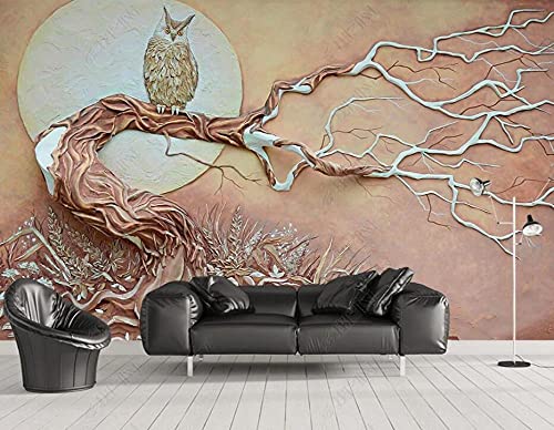 Tapeten Fototapete 3d Effekt Mondschein-Baum-Eule Mit Reliefeffekt Wandbilder Fototapete Wandtapete für Schlafzimmer Wohnzimmer Sofa Tv Hintergrund Wanddekoration,350x250cm von QEETapete