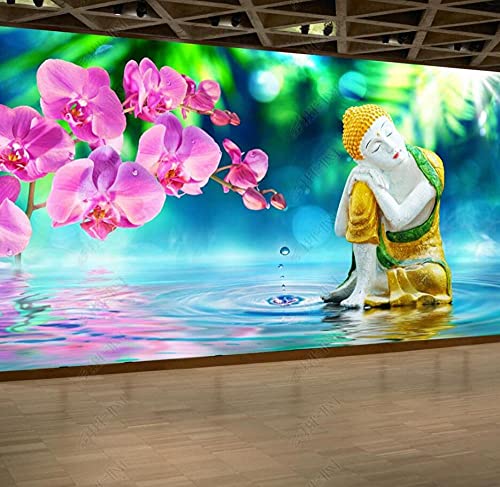 Tapeten Fototapete 3d Effekt Wandverkleidung Orchidee Wassertropfen Buddha-Statue Wandbilder Fototapete Wandtapete für Schlafzimmer Wohnzimmer Sofa Tv Hintergrund Wanddekoration,150x105cm von QEETapete