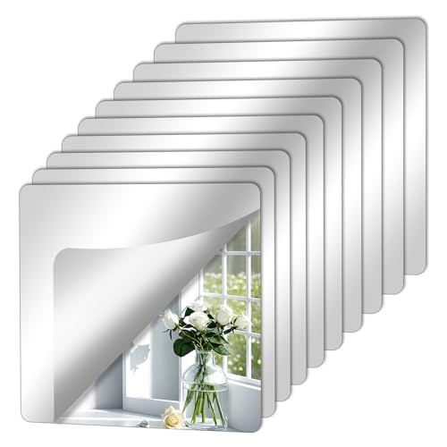 QEEYON 10 Stück Klebespiegel Selbstklebend,15 x 15 cm Spiegel zum Kleben, 2mm Acrylspiegel Flexible Spiegelfolie Selbstklebend Spiegel für Wand Zuhause Wohnzimmer Badezimmer von QEEYON