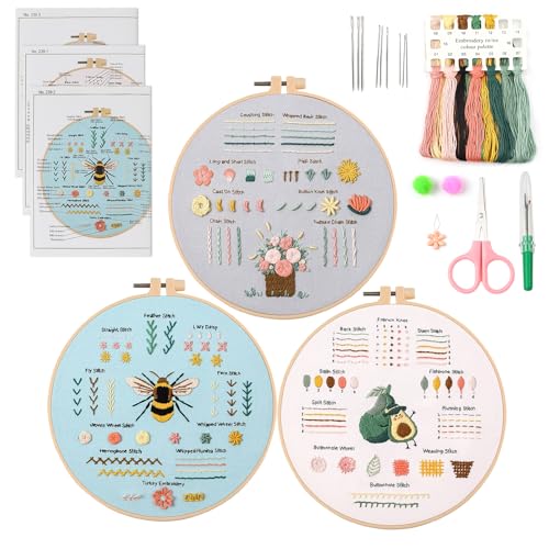 QEEYON 3 Stickset für Anfänger, Sticken Set zum Erlernen von 30 Verschiedenen Stichen, Erwachsene Stickerei Set, Inklusive Stoff mit Aufdrucken, Fäden, Nadeln, Rahmen und Tutorials von QEEYON