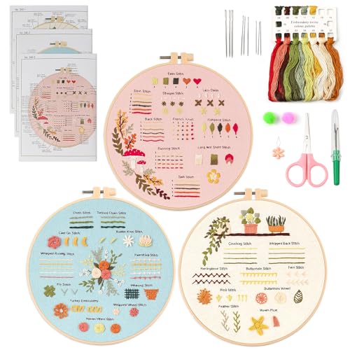 QEEYON 3 Stickset für Anfänger, Stickerei Set Anfänger zum Erlernen von 30 Verschiedenen Stichen, Sticken Set Erwachsene, Inklusive Stoff mit Aufdrucken, Fäden, Nadeln, Rahmen und Tutorials von QEEYON