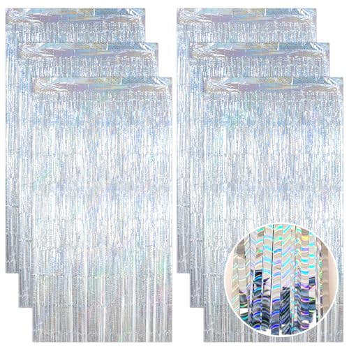 QEEYON 6 Stück Lametta Vorhang Silber, Glitzervorhang Lametta, Glitzer Party Vorhang, Folien Fransen Hintergrund fur Geburtstag Silberhochzeit Abschluss Disco Weihnachten Party Deko (1m x 2m) von QEEYON