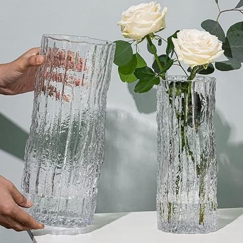 QEEYON Glasvase Modern Zylinder Glas Vase Groß Deko Vasen Handgefertigte Glacier Klar Glasvase mit Massivem Eisboden Glas Blumenvase für Home Office Hochzeit Dekor Geschenk (25 * 10cm) von QEEYON