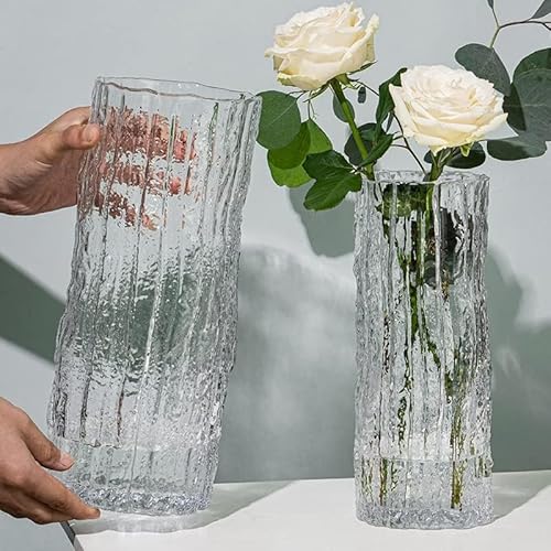 QEEYON Glasvase Modern Zylinder Glas Vase Groß Deko Vasen Handgefertigte Glacier Klar Glasvase mit Massivem Eisboden Glas Blumenvase für Home Office Hochzeit Dekor Geschenk (30 * 10cm) von QEEYON