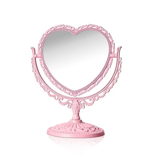 QEEYON Kosmetikspiegel mit rosa Herzen, 360 Grad drehbar, Schminkspiegel, doppelseitig, für Tisch, Schreibtisch, Arbeitsplatte, Spiegel, Ständer, Kosmetikspiegel, Kommode, Spiegel für Frauen und von QEEYON