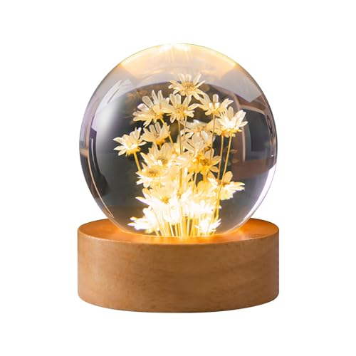 QENETY Blume Kristall Kugel Nachtlicht, 6,1 cm Epoxidharz Kristall Nachtlampe mit Holzsockel, Abnehmbare Kristallkugel, Schlafzimmer Tischlampe Atmosphäre Dekorativ (Gelbes Gänseblümchen) von QENETY