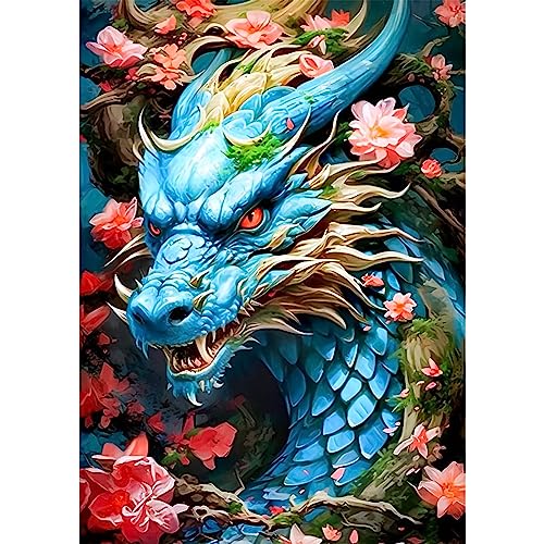 QENSPE 5D Diamond Painting Drache, Full Diamant Painting Bilder Drache Blume Diamond Art Erwachsene, DIY Diamant Kunst Malerei Stickerei Set Kreuzstich Bilder Home Wand Dekor 30x40cm von QENSPE