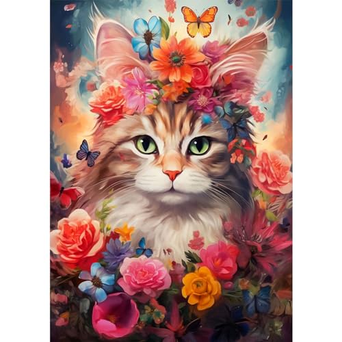 QENSPE 5D Diamond Painting Katze Blume Diamant Painting Bilder Katze Diamond Art Erwachsene Full DIY Diamant Kunst Malerei Stickerei Set Kreuzstich Bilder Home Wand Dekor 30x40cm von QENSPE