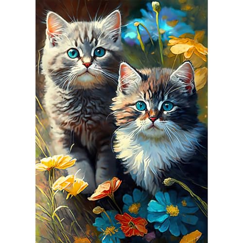 QENSPE 5D Diamond Painting Katze Blumen Diamant Painting Bilder Katze Diamond Art Erwachsene Full DIY Diamant Kunst Malerei Stickerei Set Kreuzstich Bilder Home Wand Dekor 30x40cm / 12x16 inch von QENSPE