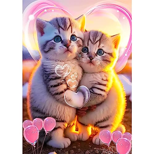 QENSPE 5D Diamond Painting Katzen Liebe Diamond Art Erwachsene, Full Diamant Painting Kätzchen Bilder, DIY Diamant Kunst Malerei Stickerei Kreuzstich Set Home Wand Dekor 30x40cm von QENSPE