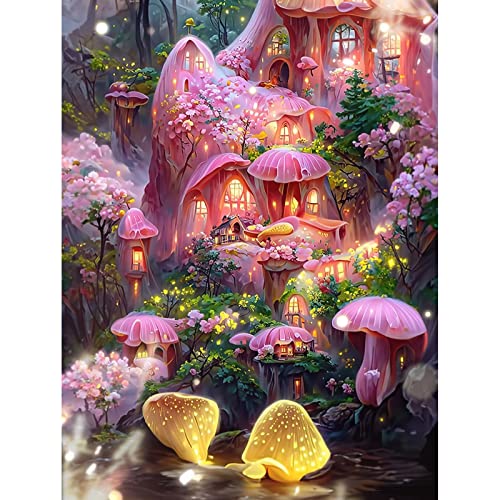 QENSPE 5D Diamond Painting Rosa Pilze Diamant Painting Bilder Fantasie Diamond Painting Erwachsene Schloss Full Diamant Bilder Malerei Stickerei Set Kreuzstich Bilder Home Wand Dekor 30x40cm von QENSPE