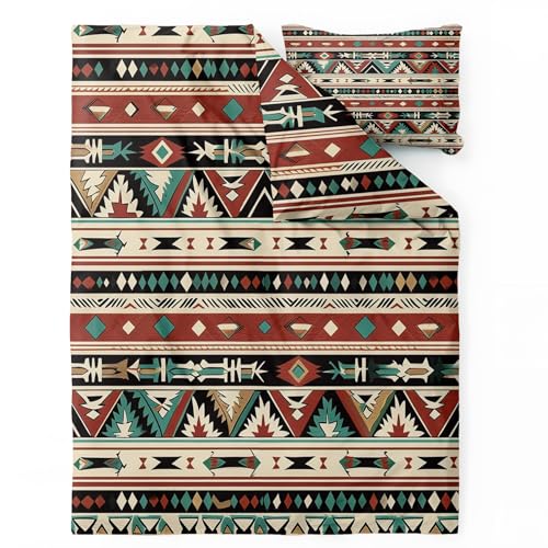 Azteken Ethno Bettwäsche Sommer 135x200 - Boho Vintage Bettbezug 135 x 200 2er Set - Wendebettwäsche & Kissenbezug - Weiche Mikrofaser Bettwäsche-sets mit Reißverschluss - Schlafzimmer Bett Deko von QEODAH