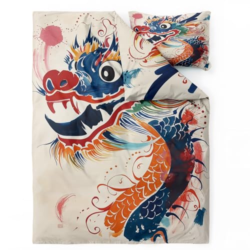 Bettwäsche 135x200 Chinesischer Drache - Orientalisch Japanische Bettbezug 135 x 200 2er Set - Wendebettwäsche & Kissenbezug - Weiche Mikrofaser Bettwäsche-sets mit Reißverschluss - Schlafzimmer Deko von QEODAH