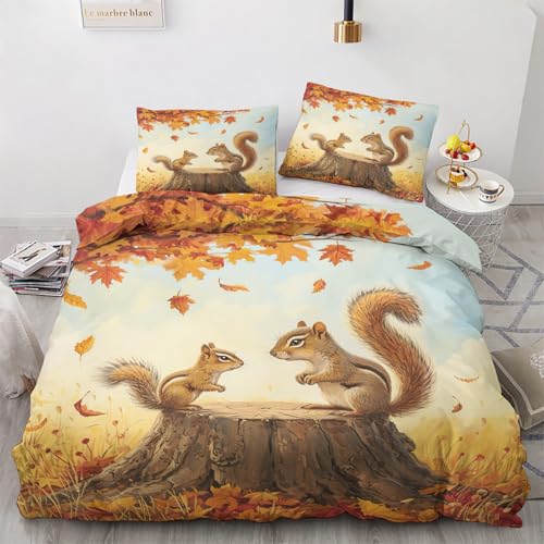 Eichhörnchen Bettwäsche 135x200 - Herbst Waldtiere Bettbezug 135 x 200 2er Set - Wendebettwäsche & Kissenbezug 80x80 cm - Weiche Mikrofaser Bettwäsche-sets mit Reißverschluss - Schlafzimmer Bett Deko von QEODAH
