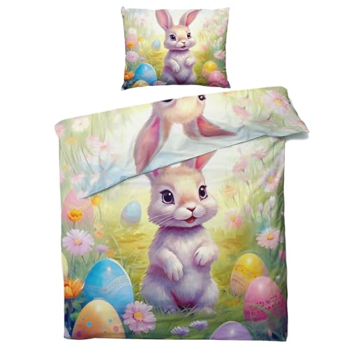 Hase Und Ostereier Bettwäsche 135x200 Winter - Ostern Bettbezug 135 x 200 2er Set - Wendebettwäsche & Kissenbezug - Weiche Mikrofaser Bettwäsche-sets mit Reißverschluss - Schlafzimmer Bett Deko von QEODAH