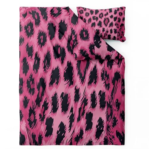 Leopard Bettwäsche 135x200 - Mädchen Hot Pink Bettbezug 135 x 200 2er Set - Wendebettwäsche & Kissenbezug 80x80 cm - Weiche Mikrofaser Bettwäsche-sets mit Reißverschluss - Schlafzimmer Bett Deko von QEODAH