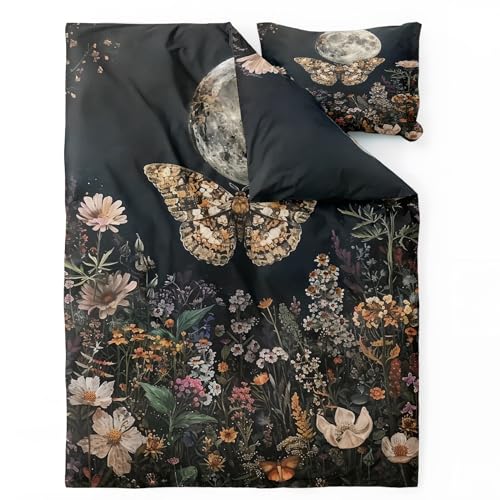 Motte Mond Bettwäsche Sommer 135x200 - Floral Bettbezug 135 x 200 2er Set - Wendebettwäsche & Kissenbezug 80x80 cm - Weiche Mikrofaser Bettwäsche-sets mit Reißverschluss - Schlafzimmer Bett Deko von QEODAH