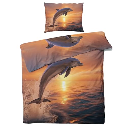 QEODAH Bettwäsche 135x200 Delfin - Sonnenuntergang Bettbezug 135 x 200 2er Set - Wendebettwäsche & Kissenbezug 80x80 cm - Weiche Mikrofaser Bettwäsche-Sets mit Reißverschluss - Schlafzimmer Bett Deko von QEODAH