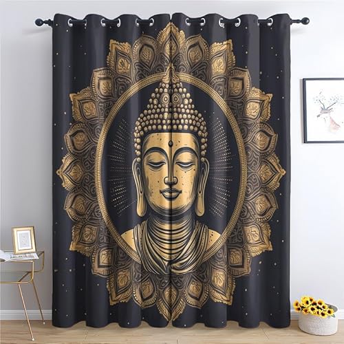 QEODAH Buddha Vorhänge Buddha Statue Gardinen mit Ösen, Vorhang Blickdicht, Verdunklungsvorhänge, Schlafzimmer Wohnzimmer & Kinderzimmer Deko, Blackout Curtain 2er Set H 245 x B 140 cm von QEODAH