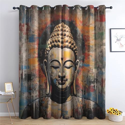 QEODAH Buddha Vorhänge Buddha Statue Vorhang Blickdicht Ösenvorhang Verdunklungsvorhänge Gardinen Wohnzimmer Schlafzimmer Kinderzimmer Fenster Deko Blackout Curtain 2er Set H 245 x B 140 cm von QEODAH