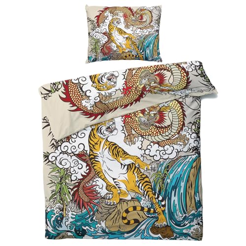 QEODAH Chinesischer Drache Tiger Bettwäsche 135x200 Winter - Orientalisch Bettbezug 135 x 200 2er Set - Wendebettwäsche & Kissenbezug 80x80 cm - Weiche Mikrofaser Bettwäsche-Sets mit Reißverschluss von QEODAH