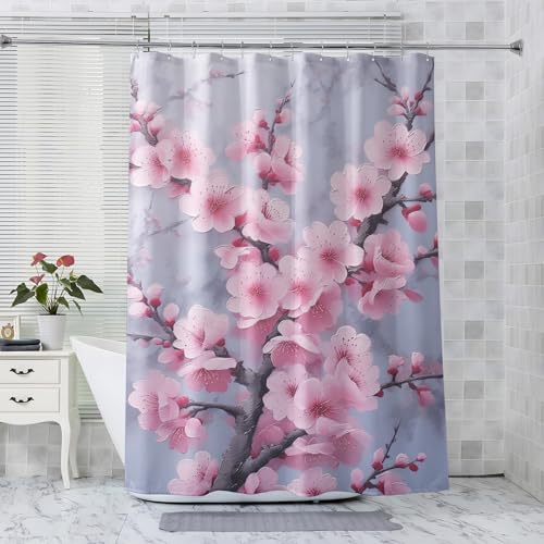 QEODAH Duschvorhang 120 x 200 Japanische Kirschblüten Duschvorhänge - Anti-Schimmel & Wasserdicht & Waschbar Polyester Stoff Textil Shower Curtains - Badevorhang für Badezimmer Badewanne mit 12 Haken von QEODAH