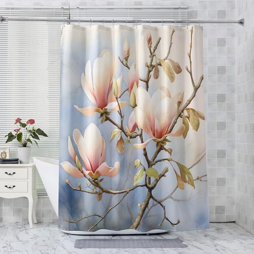 QEODAH Duschvorhang 120 x 200 Magnolie Blumen Duschvorhänge - Anti-Schimmel & Wasserdicht & Waschbar Polyester Stoff Textil Shower Curtains - Badevorhang für Badezimmer Badewanne mit 12 Haken von QEODAH