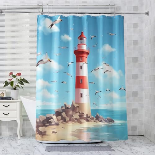 QEODAH Duschvorhang 160x180 Leuchtturm Nautisch Duschvorhänge - Anti-Schimmel & Wasserdicht & Waschbar Polyester Stoff Textil Shower Curtains - Badevorhang für Badezimmer Badewanne mit 12 Haken von QEODAH