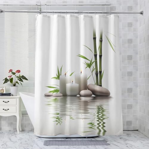 QEODAH Duschvorhang 90x180 Zen Duschvorhänge - Anti-Schimmel & Wasserdicht & Waschbar Polyester Stoff Textil Shower Curtains - Badevorhang für Badezimmer Badewanne mit 12 Bad Vorhang Haken von QEODAH
