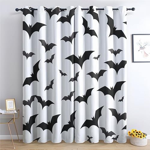 QEODAH Fledermaus Vorhänge Halloween Vorhang Blickdicht Ösenvorhang Verdunklungsvorhänge Gardinen Wohnzimmer Schlafzimmer Kinderzimmer Deko Blackout Curtain 2er Set H 137 x B 117 cm von QEODAH