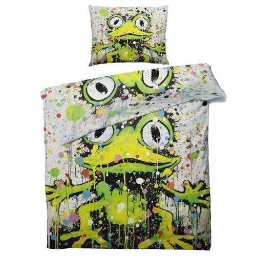 QEODAH Frosch Bettwäsche 135x200 Winter - Graffiti Bettbezug 135 x 200 2er Set - Wendebettwäsche & Kissenbezug 80x80 cm - Weiche Mikrofaser Bettwäsche-Sets mit Reißverschluss - Schlafzimmer Bett Deko von QEODAH