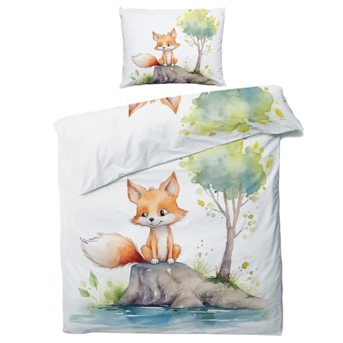 QEODAH Fuchs Bettwäsche 135x200 Winter - Kinder Waldtiere Bettbezug 135 x 200 2er Set - Wendebettwäsche & Kissenbezug 80x80 cm - Weiche Mikrofaser Bettwäsche-Sets mit Reißverschluss von QEODAH