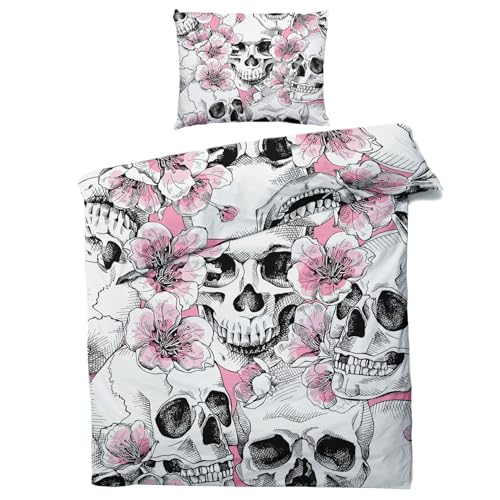 QEODAH Gothic Bettwäsche 200x200 Winter - Totenkopf Rosa Blumen Bettbezug 200x200 3 Teilig - Wendebettwäsche & 2 Kissenbezug 80x80 cm - Weiche Mikrofaser Bettwäsche-Sets mit Reißverschluss von QEODAH