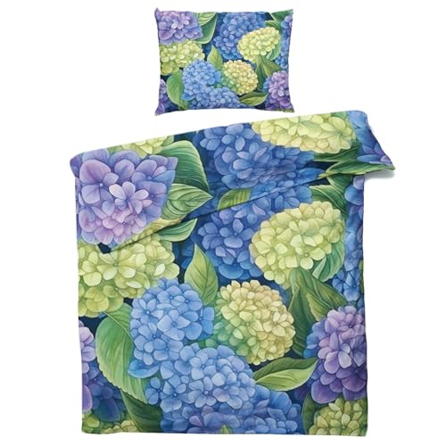 QEODAH Hortensie Bettwäsche 135x200 - Blumen Bettbezug 135 x 200 2er Set - Wendebettwäsche & Kissenbezug 80x80 cm - Weiche Mikrofaser Bettwäsche-Sets mit Reißverschluss - Schlafzimmer Bett Deko von QEODAH