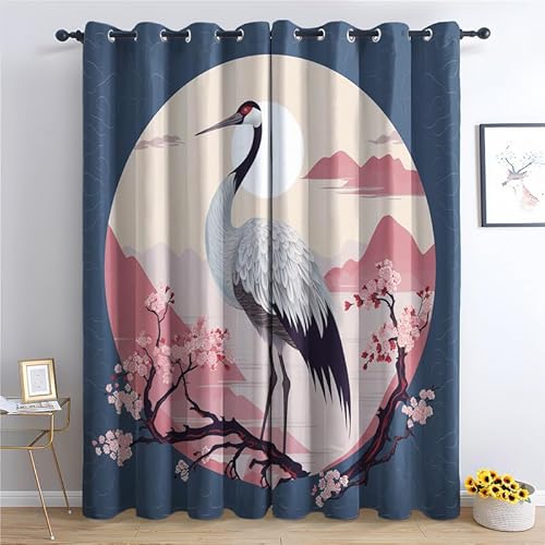 QEODAH Japanische Vorhänge Kranich Gardinen mit Ösen, Vorhang Blickdicht, Verdunklungsvorhänge, Schlafzimmer Wohnzimmer & Kinderzimmer Deko, Blackout Curtain 2er Set H 166 x B 75 cm von QEODAH