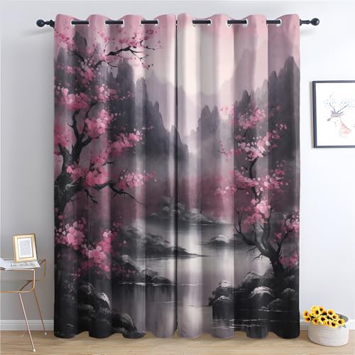QEODAH Kirschblüte Vorhänge Japanische Landschaft Asiatische Vorhang Blickdicht mit Ösen, Verdunkelungsvorhang Gardinen für Schlafzimmer Wohnzimmer Fenster, Blackout Curtain 2er Set H 245 x B 140 cm von QEODAH