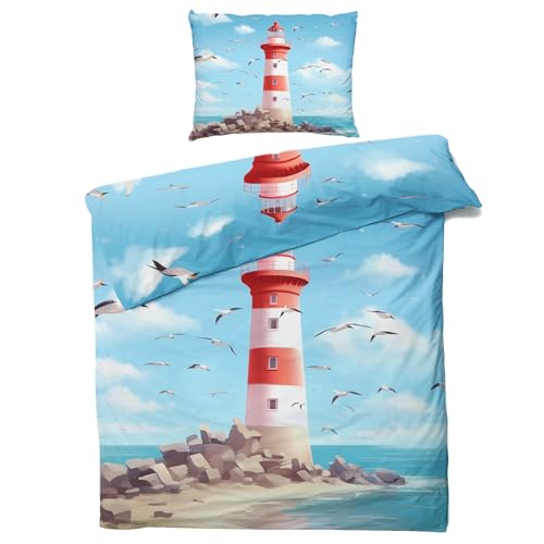 QEODAH Leuchtturm Bettwäsche 135x200 Winter - Nautisch Bettbezug 135 x 200 2er Set - Wendebettwäsche & Kissenbezug 80x80 cm - Weiche Mikrofaser Bettwäsche-Sets mit Reißverschluss von QEODAH