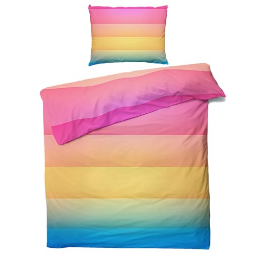 QEODAH Mädchen Regenbogen Bettwäsche 135x200 - Bunte Streifen Bettbezug 135 x 200 2er Set - Wendebettwäsche & Kissenbezug - Weiche Mikrofaser Bettwäsche-Sets mit Reißverschluss von QEODAH