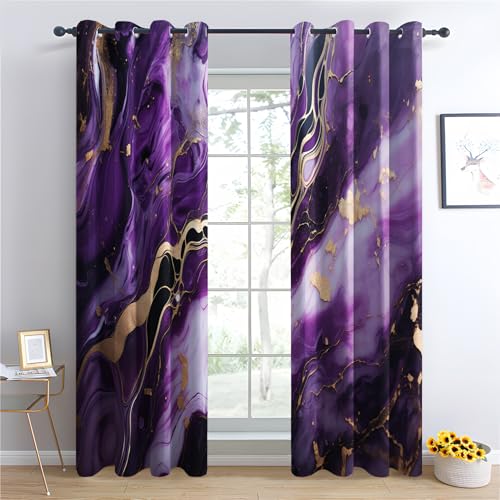 QEODAH Marmor Vorhänge Lila Gold Modern Abstrakt Luxus Vorhang Blickdicht mit Ösen, Verdunkelungsvorhang Gardinen für Schlafzimmer Wohnzimmer Fenster Deko, Blackout Curtain 2er Set H 200 x B 140 cm von QEODAH