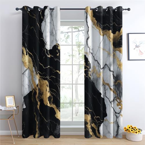 QEODAH Marmor Vorhänge Schwarz Weiß Gold Modern Abstrakt Luxus Verdunklungsvorhänge, Vorhang Blickdicht Gardinen mit Ösen, Schlafzimmer Wohnzimmer Deko, Thermovorhang 2er Set H 160 X B 140 cm von QEODAH