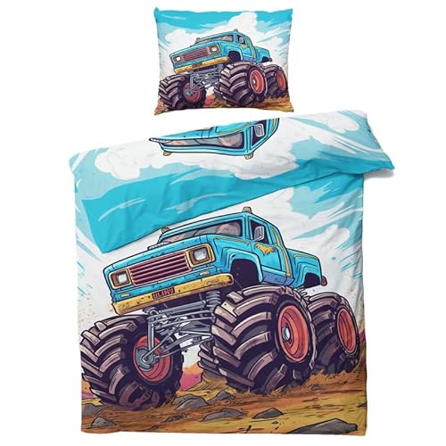 QEODAH Monster Truck Bettwäsche 135x200 Winter - Kinder Bettbezug 135 x 200 2er Set - Wendebettwäsche & Kissenbezug 80x80 cm - Weiche Mikrofaser Bettwäsche-Sets mit Reißverschluss von QEODAH