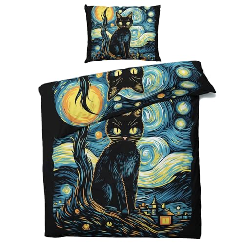 QEODAH Schwarze Katze Bettwäsche 155x220 Winter - Sternennacht Bettbezug 155x220 3 Teilig - Wendebettwäsche & 2 Kissenbezug - Weiche Mikrofaser Bettwäsche-Sets mit Reißverschluss von QEODAH