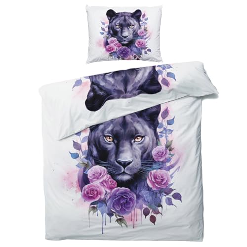 QEODAH Schwarzer Panther Bettwäsche 135x200 - Wilde Tiere Bettbezug 135 x 200 2er Set - Wendebettwäsche & Kissenbezug - Weiche Mikrofaser Bettwäsche-Sets mit Reißverschluss - Schlafzimmer Bett Deko von QEODAH