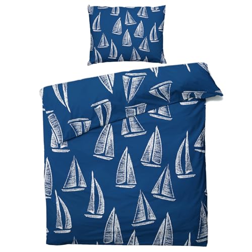 QEODAH Segelboot Bettwäsche 200x220 Winter - Marineblau Nautisch Bettbezug 200x220 3 Teilig - Wendebettwäsche & 2 Kissenbezug 80x80 cm - Weiche Mikrofaser Bettwäsche-Sets mit Reißverschluss von QEODAH