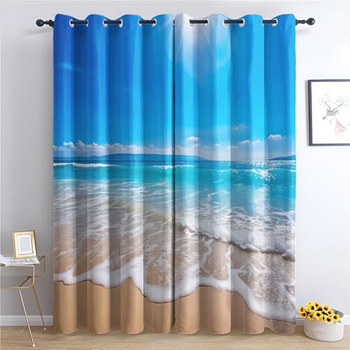 QEODAH Strand Vorhänge Meer Küste Hawaii Vorhang Blickdicht mit Ösen, Verdunkelungsvorhang Gardinen für Schlafzimmer Wohnzimmer Fenster Deko, Blackout Curtain 2er Set H 245 x B 140 cm von QEODAH