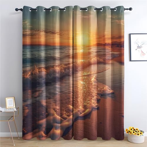 QEODAH Strand Vorhänge Meer Tropische Sonnenuntergang Vorhang Blickdicht mit Ösen, Verdunkelungsvorhang Gardinen für Schlafzimmer Wohnzimmer Fenster Deko, Blackout Curtain 2er Set H 245 x B 140 cm von QEODAH