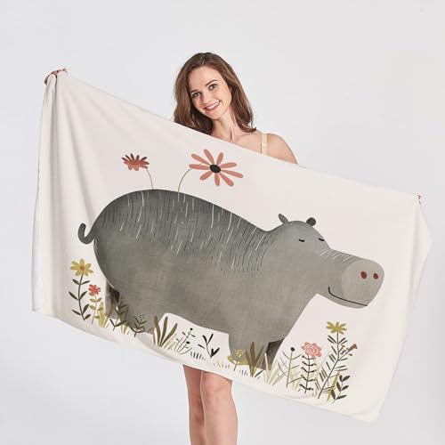 QEODAH Strandtuch 80x160 Nilpferd - Schnelltrocknend & Ultraleicht & Sandfrei & Weich Mikrofaser Handtücher,Blumen Strandhandtuch Badetuch Handtuch, Pflegeleicht Badetücher von QEODAH