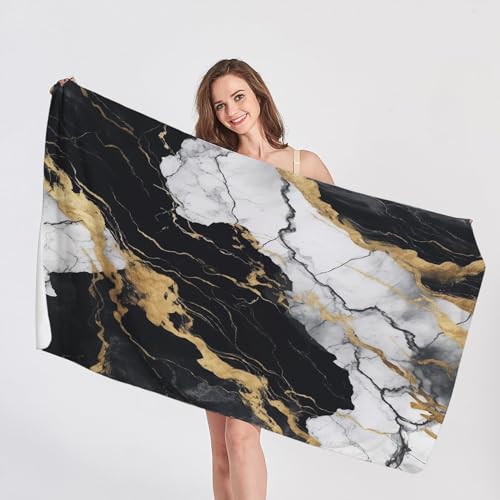QEODAH Strandtuch Marmor - Badetuch Schwarz Weiß Gold - Schnelltrocknend & Ultraleicht & Sandfreie Strandhandtuch, Weich Mikrofaser Handtücher, badehandtuch groß 150x200, Pflegeleicht Handtuch von QEODAH